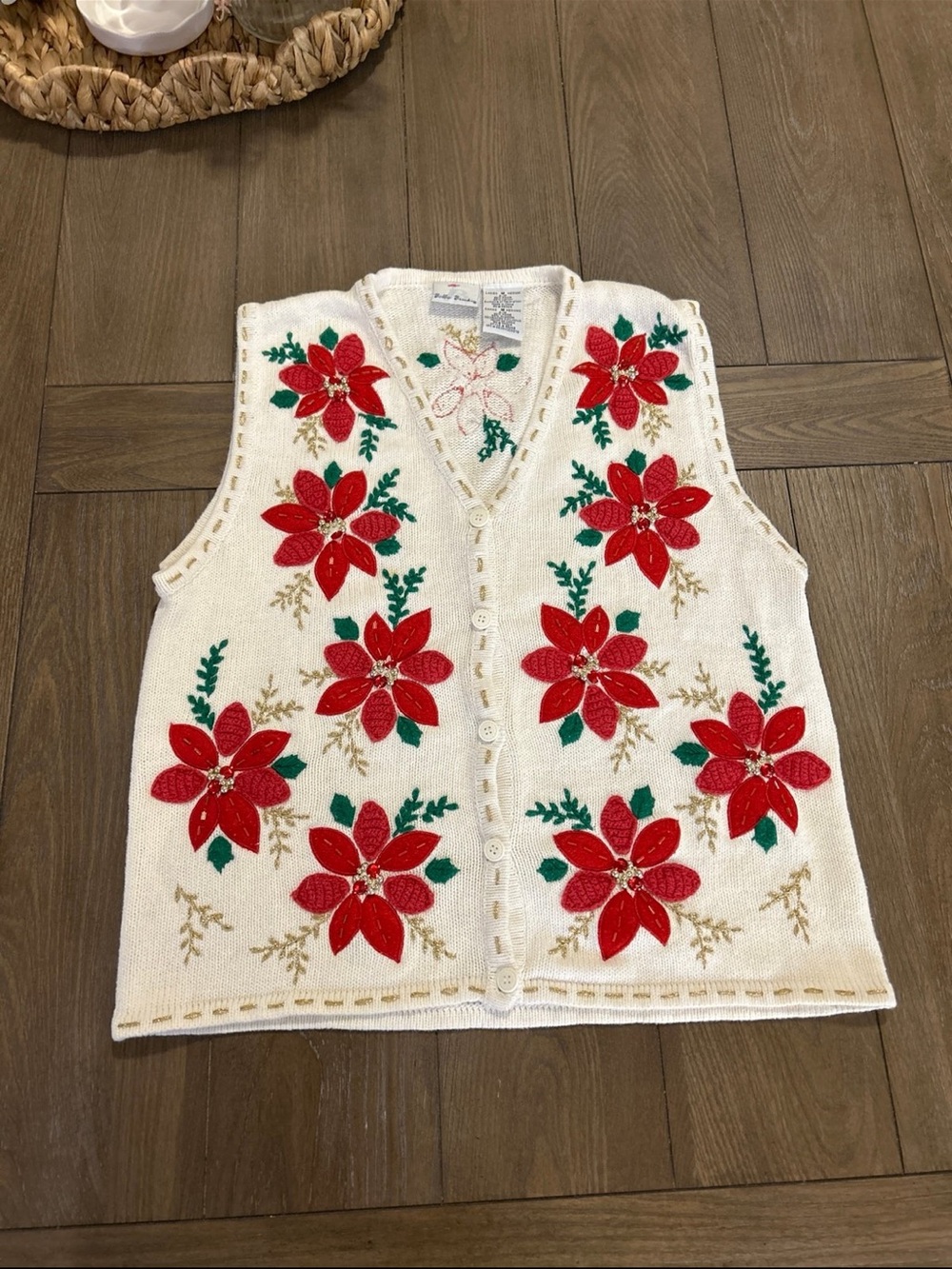 Bobbie Brooks White Knit Vest with Red Poinsettia Embroidery